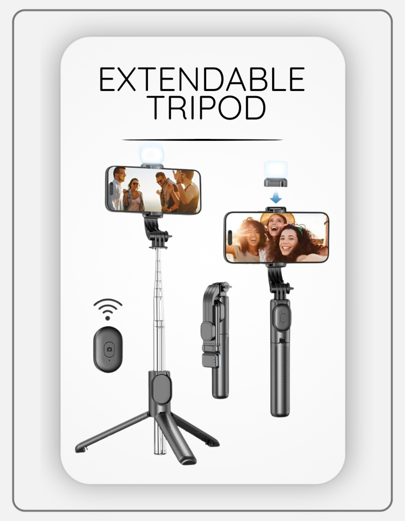 extendable tripod and selfie stick with bluetooth remote control