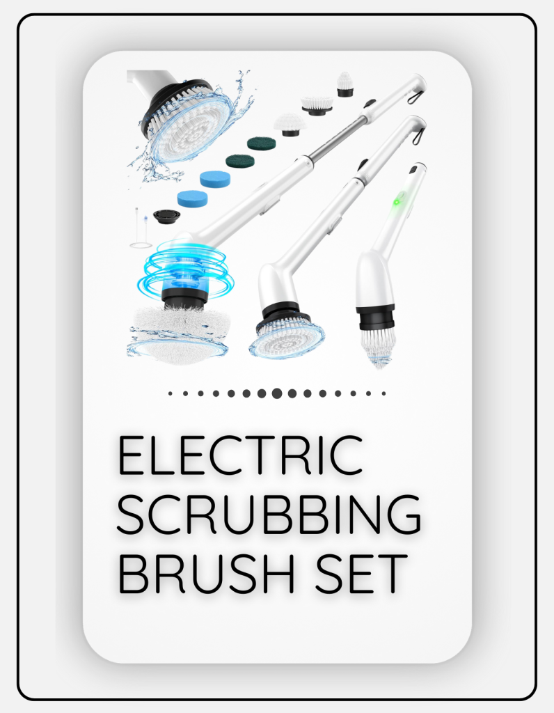 electric scrubbing brush set with interchangeable heads and an extension pole