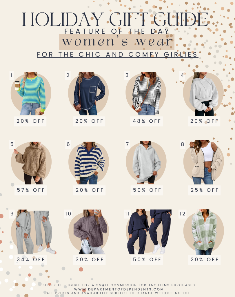 a collage of women's sweaters and loungewear